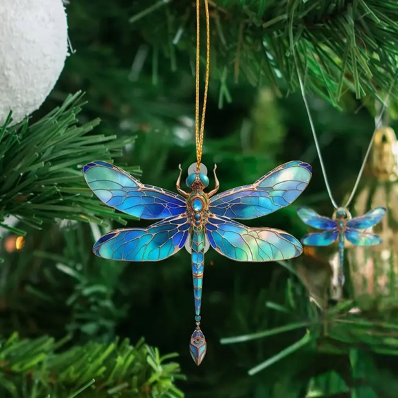 Blue Art Deco Dragonfly Faux Stained Glass Charm Pendant Ornament - Picture 1 of 16